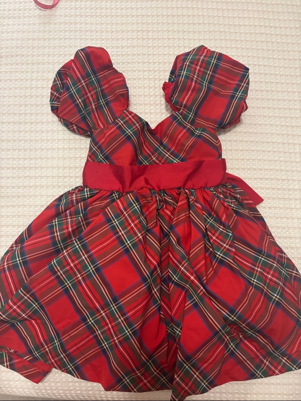 Janie and Jack Red Plaid Holiday Dress with Puff Sleeves